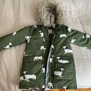 Super-warm & cozy Boden girls parka jacket. Dog Print. Size: 6-7.